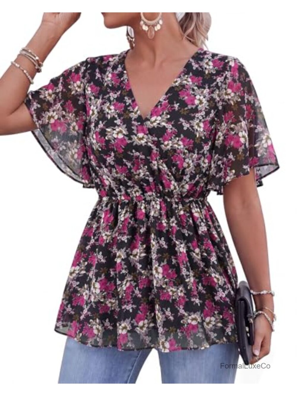 Lotusmile Womens V-Neck Ruffle Sleeve Peplum Blouse Loose Fit